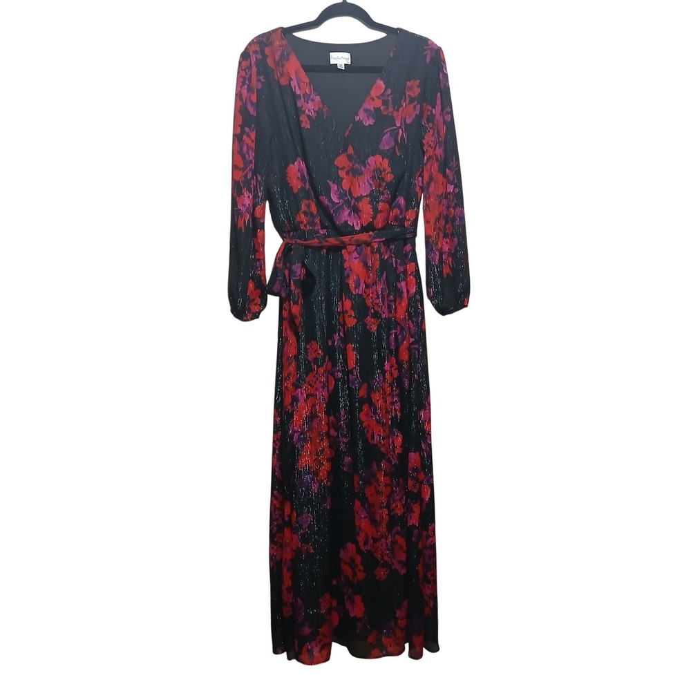 Premier Amour Floral Metallic Wrap Maxi Dress Black Red PurpleSize10 Long Sleeve